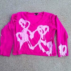 Custom Bleach Dyed Drippy Hearts Vintage 80s Hot Pink Soft Sweater - XL